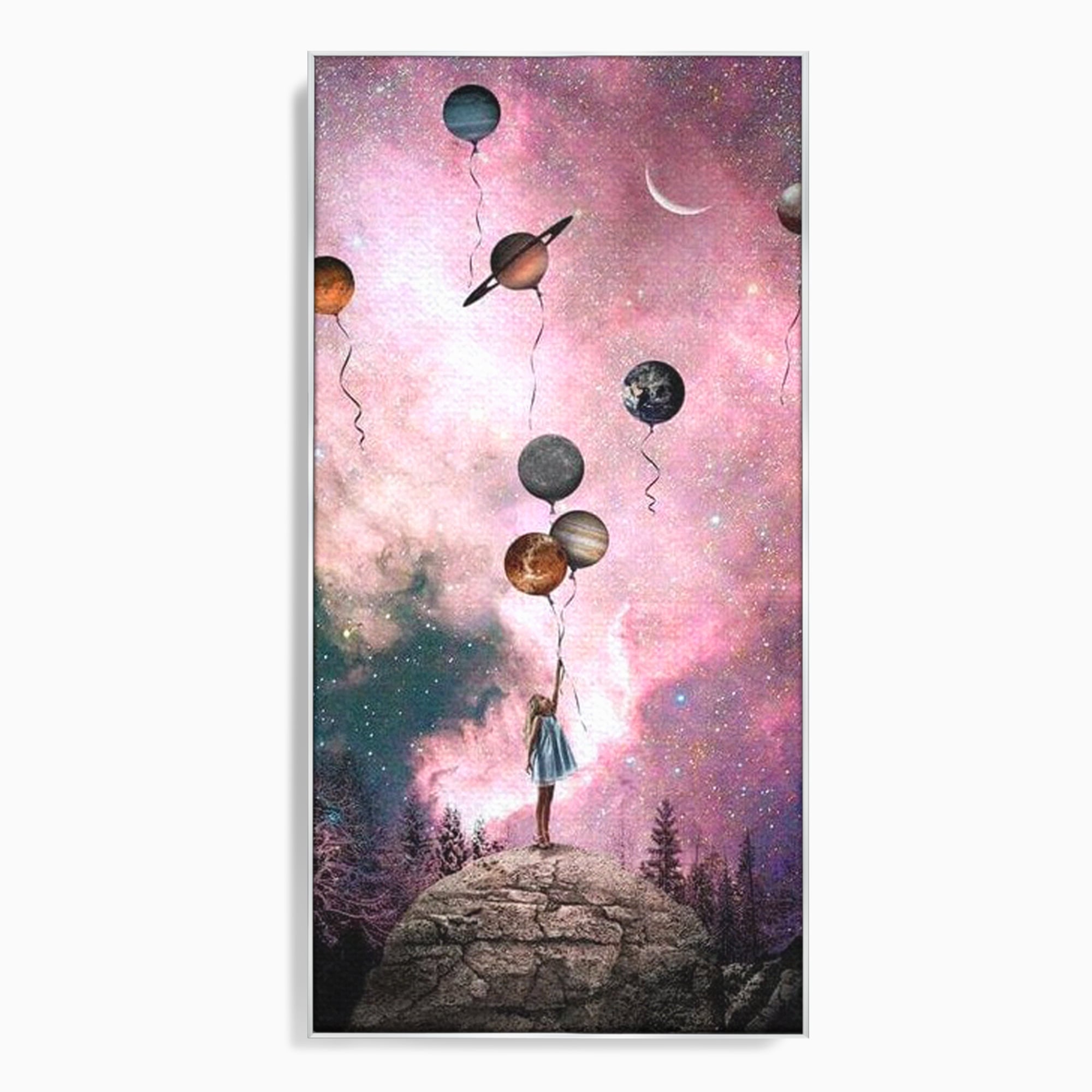 Tablou canvas cu ilustratie fetita tinand baloane planete, in rama de aluminiu argintiu